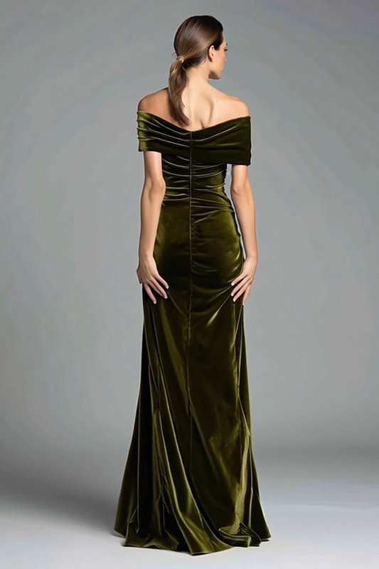 Olive Velvet Ruched Sheath Long Holiday Party Dress with Bow