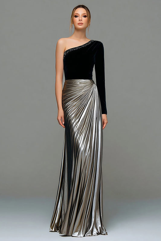 Sparkly Black and Grey Metallic One Shoulder Long Holiday Party Dress