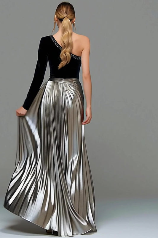Sparkly Black and Grey Metallic One Shoulder Long Holiday Party Dress