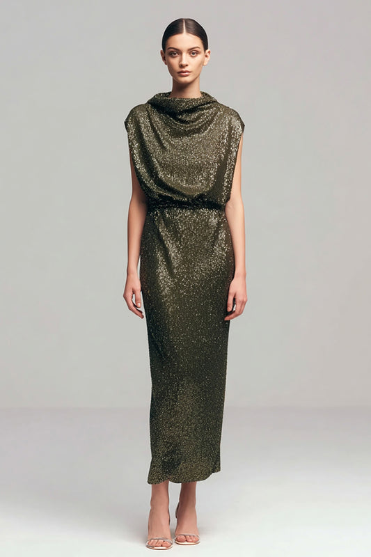 Sparkly Olive Cowl Neck Sheath Long Sequins Holiday Party Dress