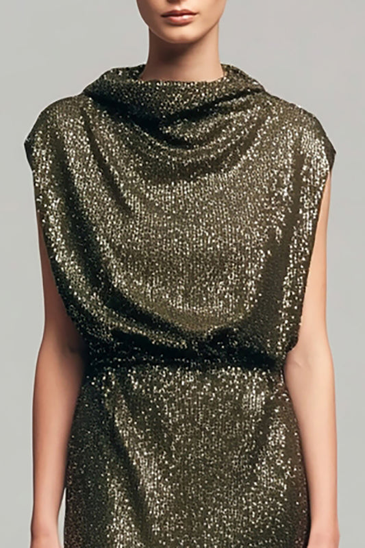 Sparkly Olive Cowl Neck Sheath Long Sequins Holiday Party Dress