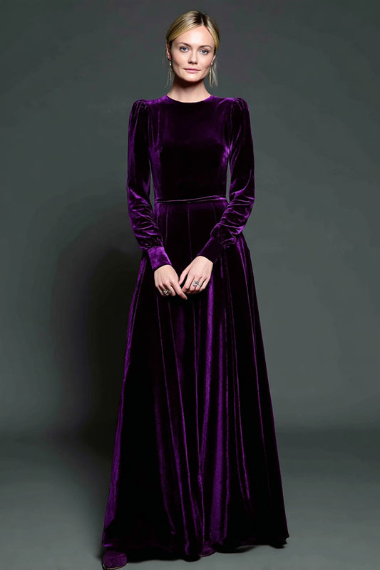 Zapaka Simple Dark Purple Velvet Formal Dress with Sleeves Round Neck Long Evening  Dress A Line Gala Dress