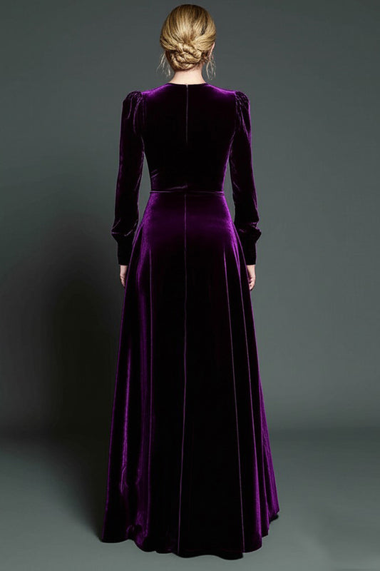 Simple Dark Purple Velvet A Line Long Holiday Party Dress with Sleeves
