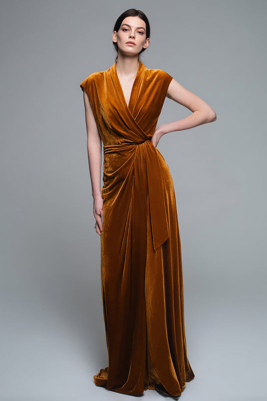 Caramel V-Neck Velvet Ruched Long Holiday Party Dress
