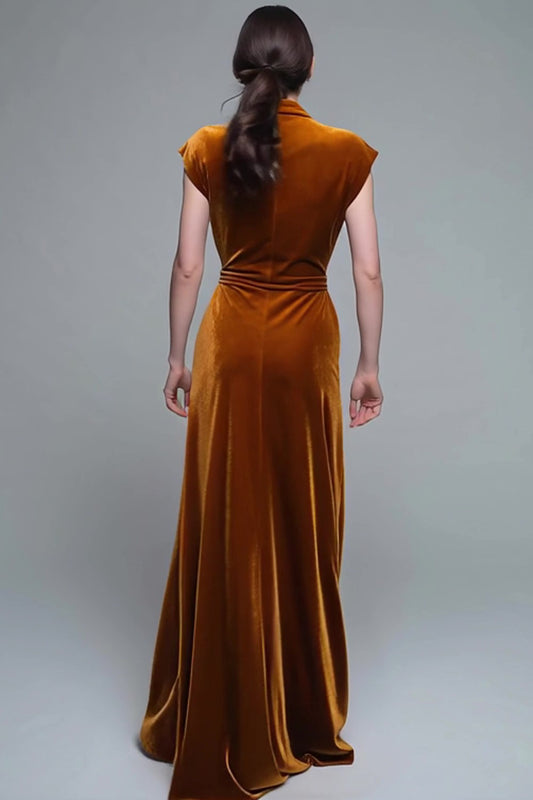 Caramel V-Neck Velvet Ruched Long Holiday Party Dress