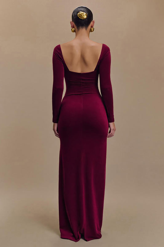 Burgundy Satin Square Neck Long Sleeves Formal Dress with Slit