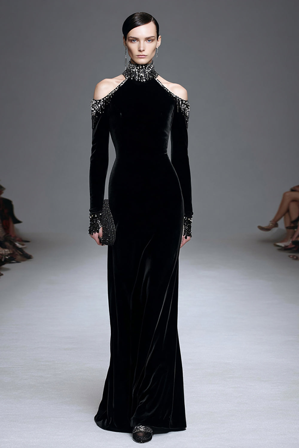 Zapakasa Women Sparkly Black Velvet Long Holiday Party Dress with Beading High Neck Sheath Formal Dress with Sleeves Zapakasa Women Sparkly Black Velvet Long Holiday Party Dress with Beading High Neck Sheath Formal Dress with Sleeves