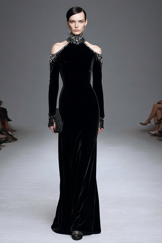 Sparkly Black Velvet High Neck Long Sleeves Holiday Party Dress with Beading