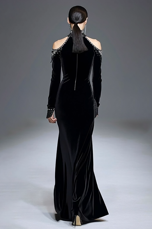 Sparkly Black Velvet High Neck Long Sleeves Holiday Party Dress with Beading