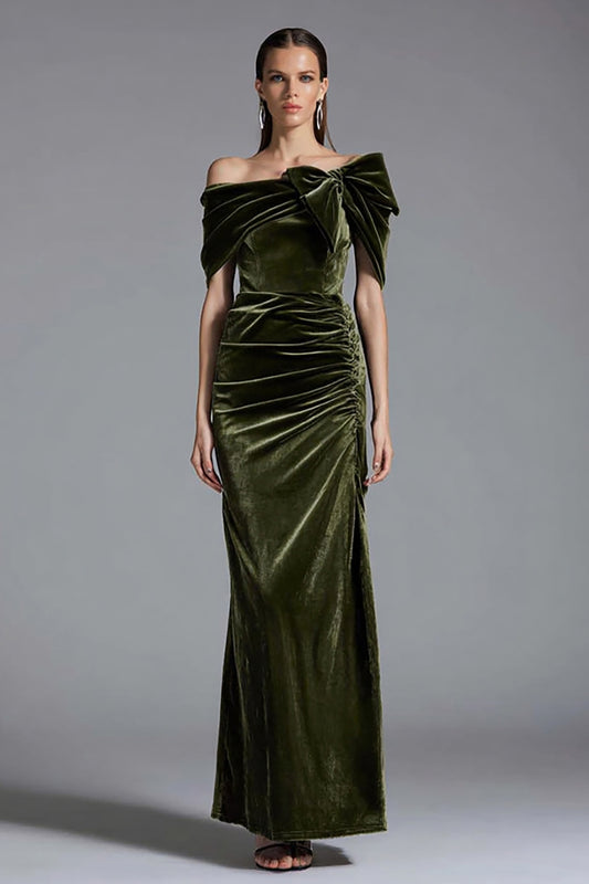 Olive Long Velvet Holiday Party Dress with Bow Sheath Off the Shoulder Ruched Formal Dress