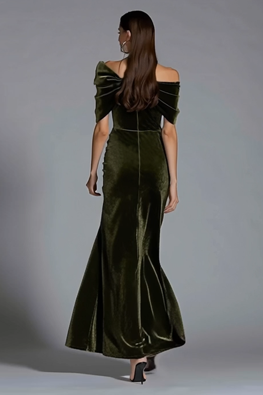 Olive Sheath Off the Shoulder Long Velvet Holiday Party Dress with Bow