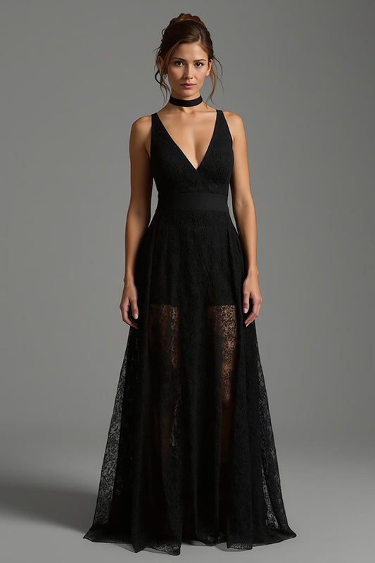 Black Lace V-Neck A Line Long Formal Dress