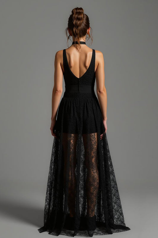 Black Lace V-Neck A Line Long Formal Dress