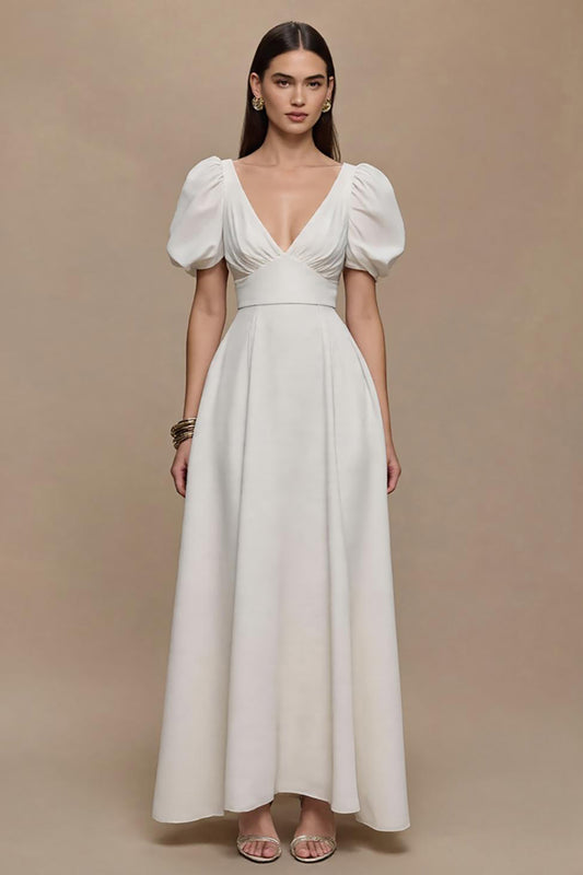 Ivory Satin V-Neck Puff Sleeves Long Formal Dress