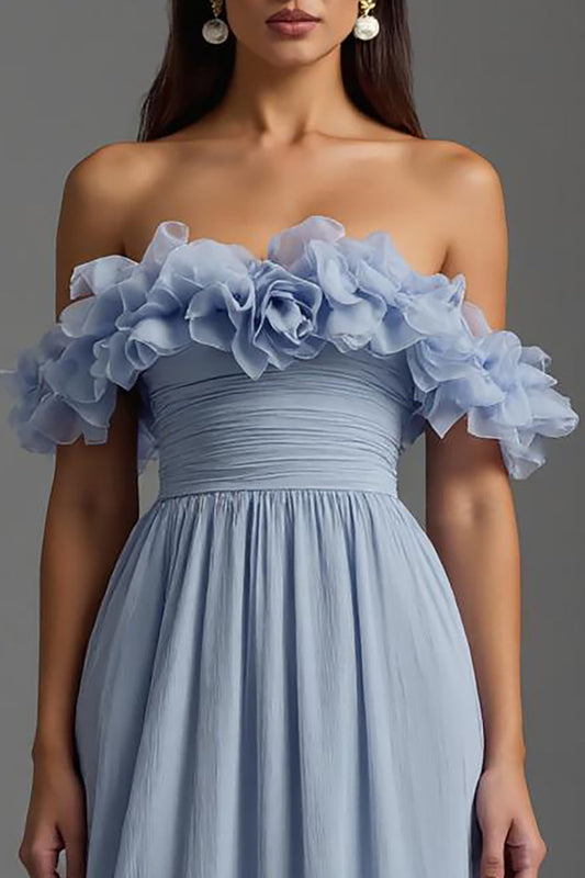Sky Blue Ruched Off the Shoulder Chiffon Long Formal Dress with Ruffles
