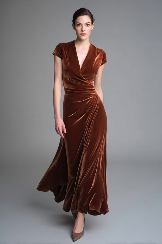 Caramel Velvet Long Holiday Party Dress with Sleeves A Line Ruched V-Neck Formal Dress