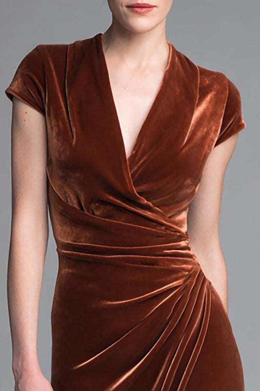 Caramel Velvet V-Neck Ruched Long Holiday Party Dress with Sleeves