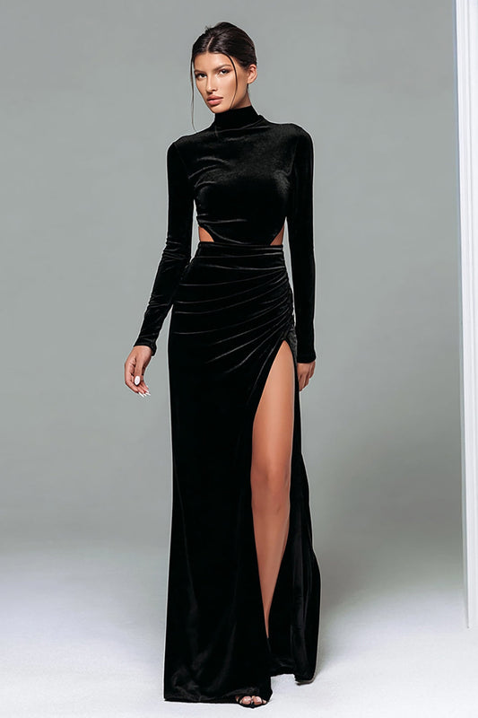 Black Velvet Long Sleeves Holiday Party Dress with Slit Cut Out Ruched Sheath High Neck Formal Dress