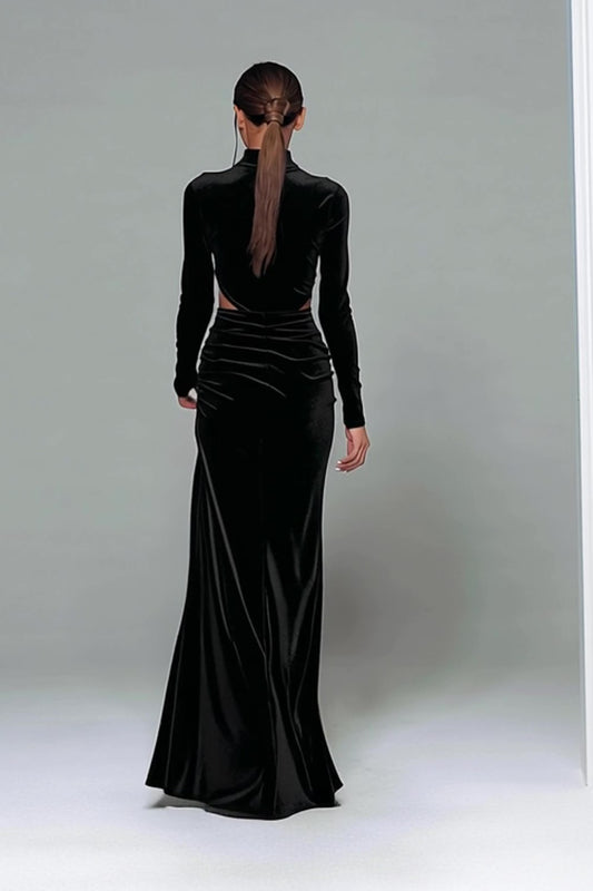 Black Velvet Cut Out High Neck Long Sleeves Holiday Party Dress with Slit