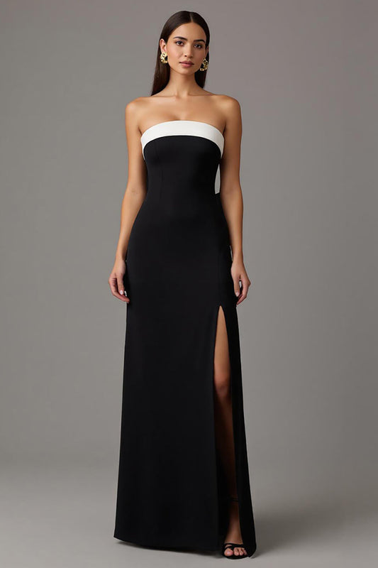 Black and White Strapless Sheath Long Formal Dress with Slit
