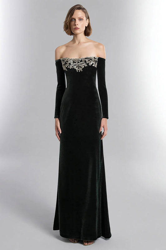 Black Velvet Off the Shoulder Long Holiday Party Dress with Rhinestones