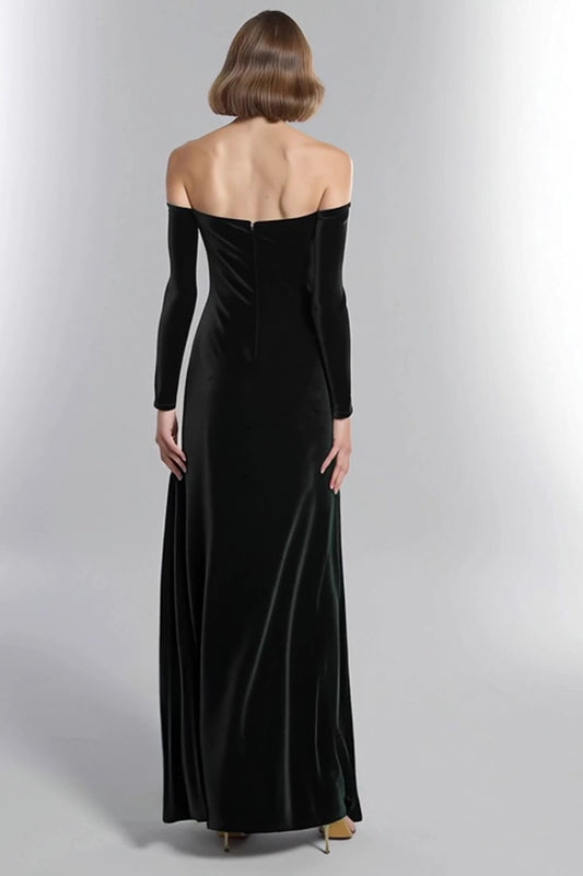 Black Velvet Off the Shoulder Long Holiday Party Dress with Rhinestones