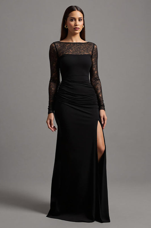 Black Sheath Illusion Neck Long Sleeves Formal Dress with Slit