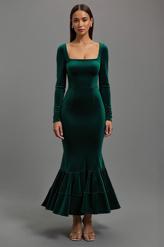 Dark Green Velvet Mermaid Long Sleeves Holiday Party Dress