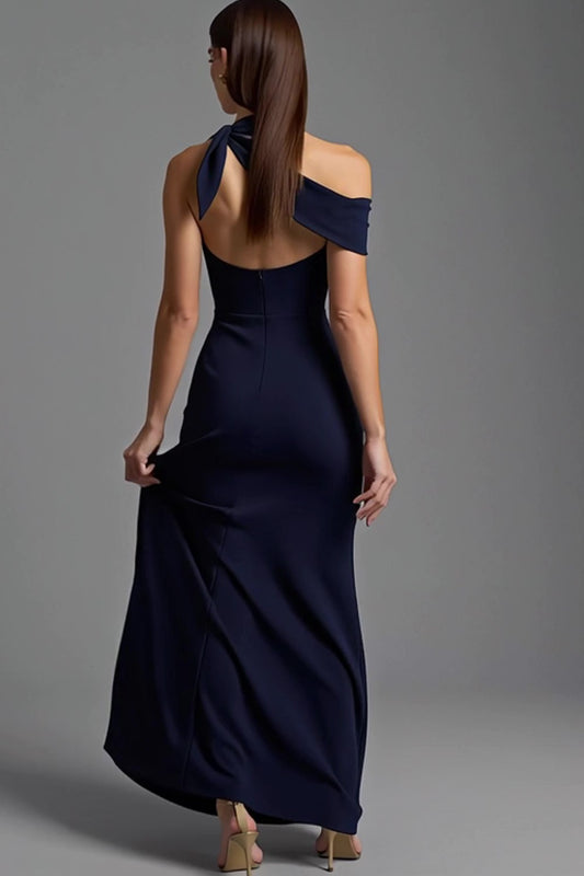 Navy Satin Sheath Asymmetrical Neck Long Formal Dress