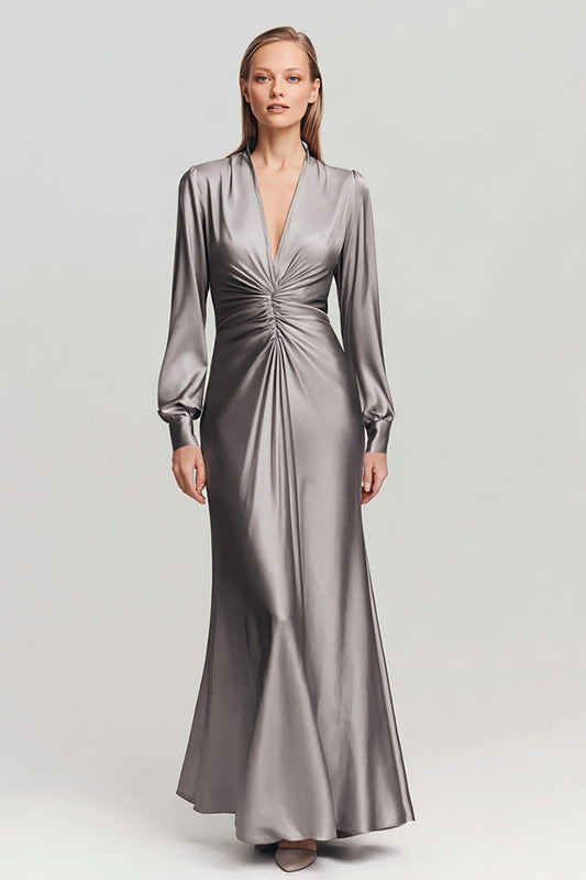 Grey Ruched Satin V Neck Long Formal Dress with Sleeves