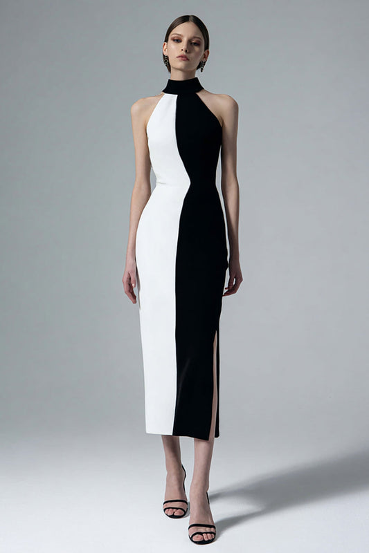 Black and White High Neck Sheath Long Formal Dress with Slit