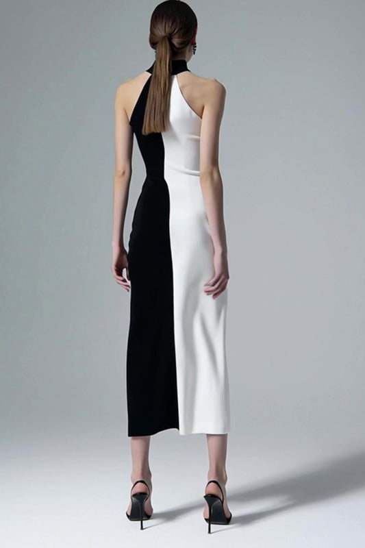 Black and White High Neck Sheath Long Formal Dress with Slit