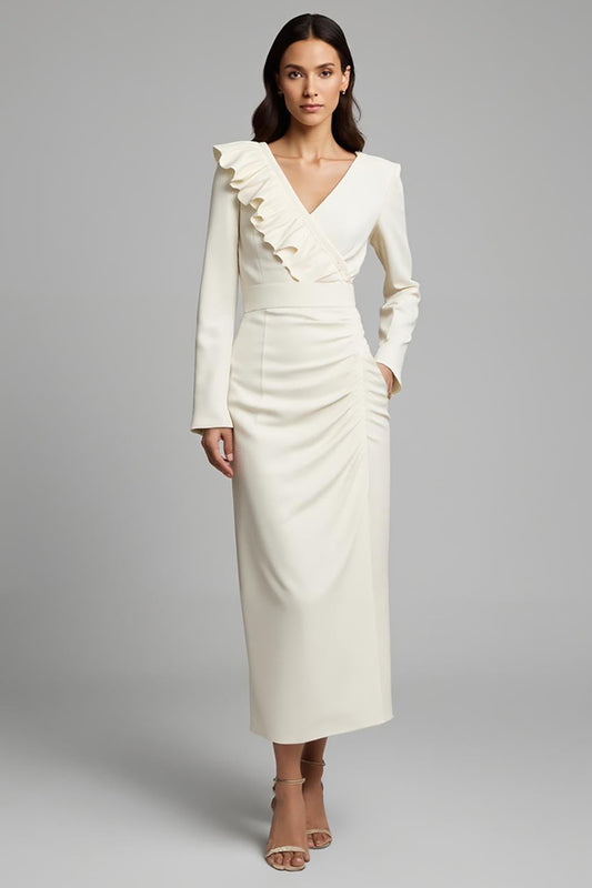 Ivory Pencil V-Neck Ruched Long Work Dress with Ruffles