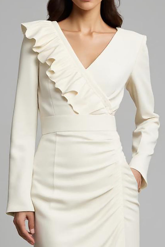 Ivory Pencil V-Neck Ruched Long Work Dress with Ruffles