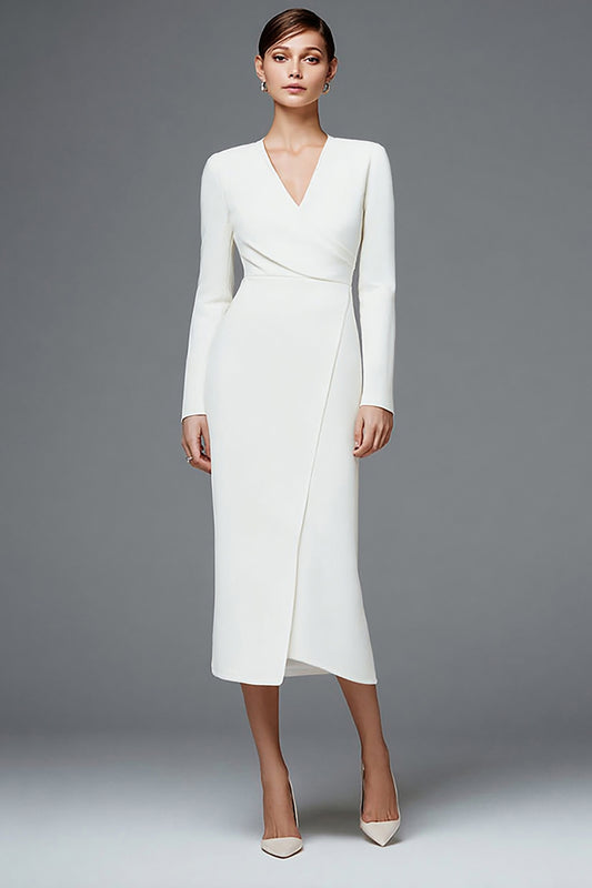 Simple Ivory V-Neck Pencil Ruched Long Sleeves Work Dress