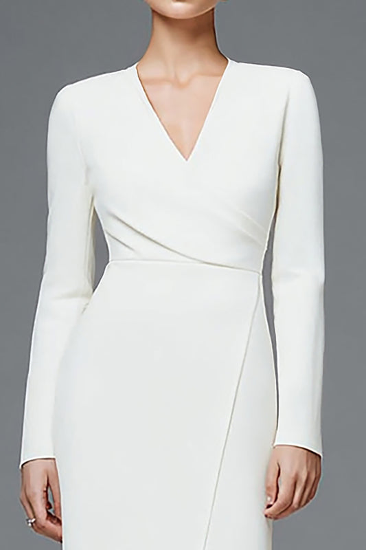 Simple Ivory V-Neck Pencil Ruched Long Sleeves Work Dress