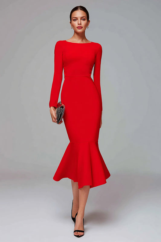 Red Mermaid Long Sleeves Midi Work Dress