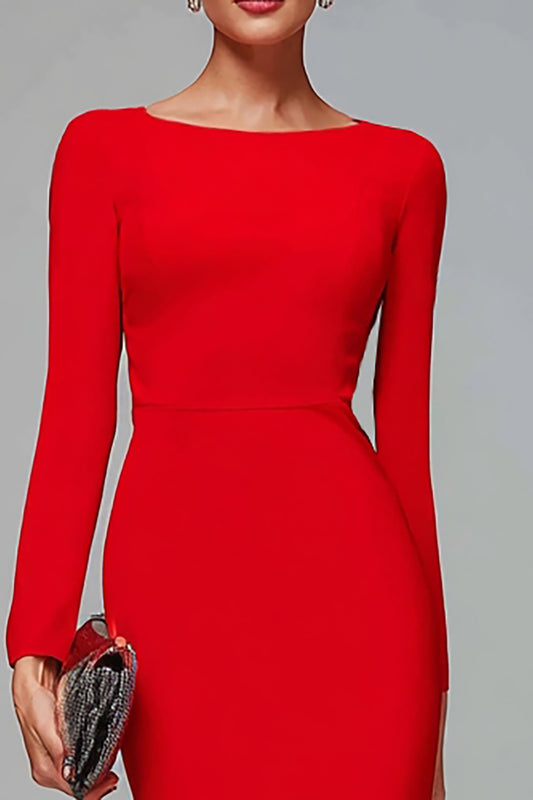 Red Mermaid Long Sleeves Midi Work Dress