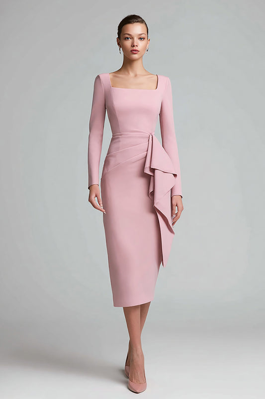 Pink Ruched Pencil Square Neck Midi Work Dress with Ruffles