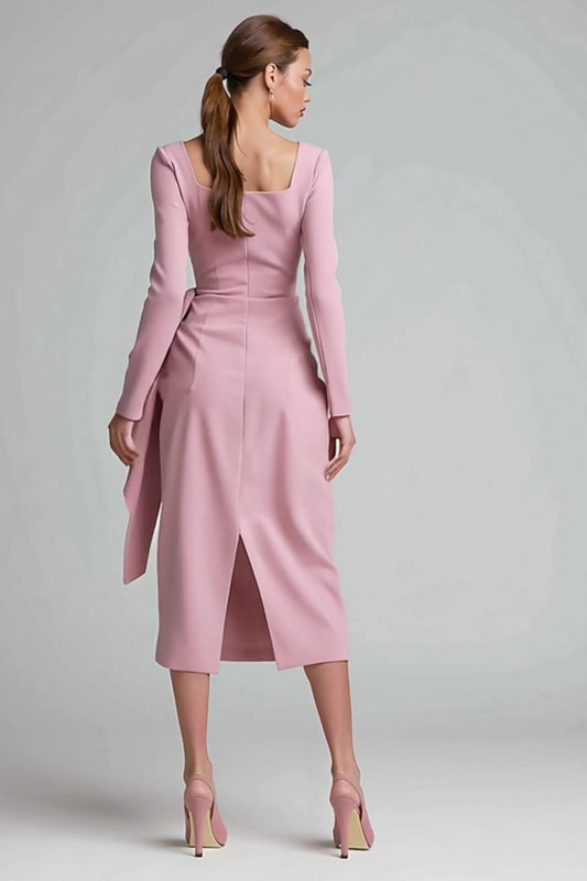 Pink Ruched Pencil Square Neck Midi Work Dress with Ruffles