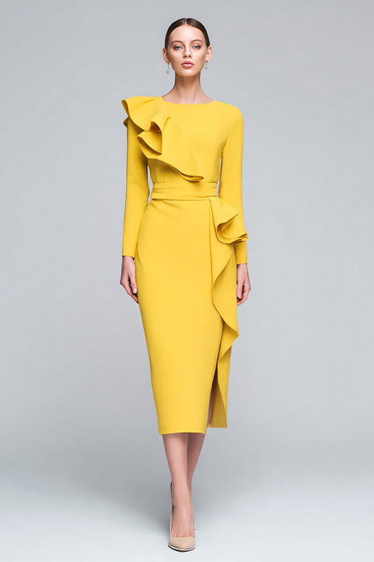 Yellow Ruffled Pencil Long Sleeves Work Dress with Slit