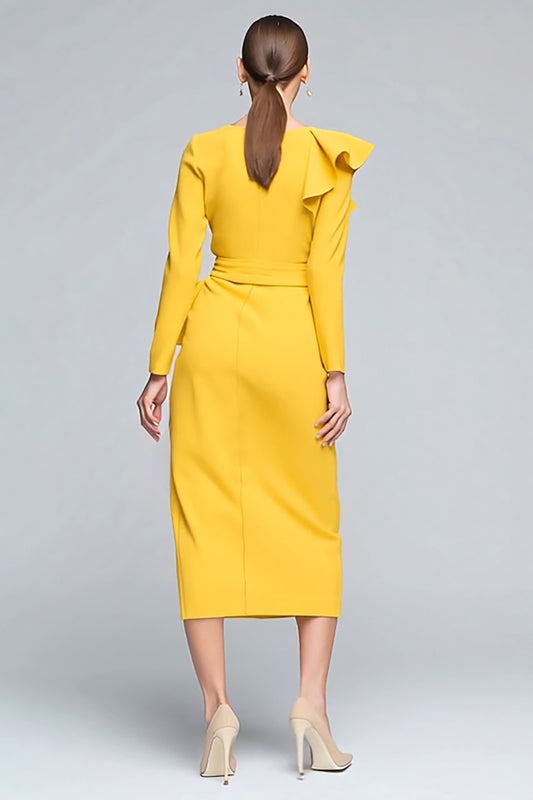 Yellow Ruffled Pencil Long Sleeves Work Dress with Slit