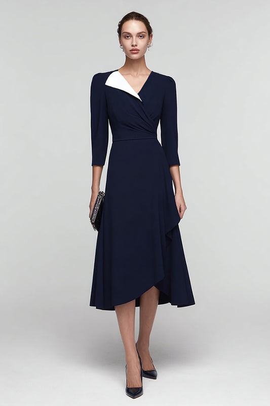 Black and White Patchwork Ruched Midi Work Dress with Ruffles