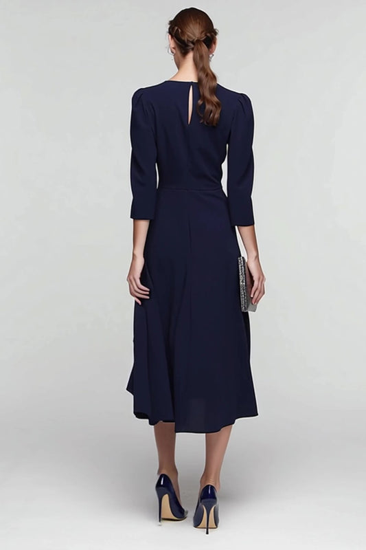 Black and White Patchwork Ruched Midi Work Dress with Ruffles