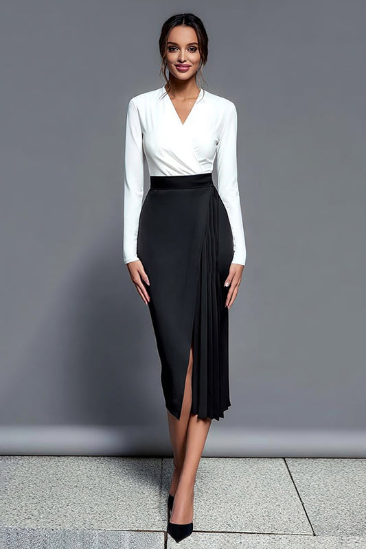 Black and White Pleated V-Neck Midi Work Dress with Slit