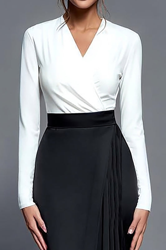 Black and White Pleated V-Neck Midi Work Dress with Slit