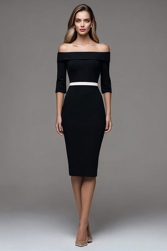 Black Off the Shoulder Pencil Half Sleeves Midi Work Dress