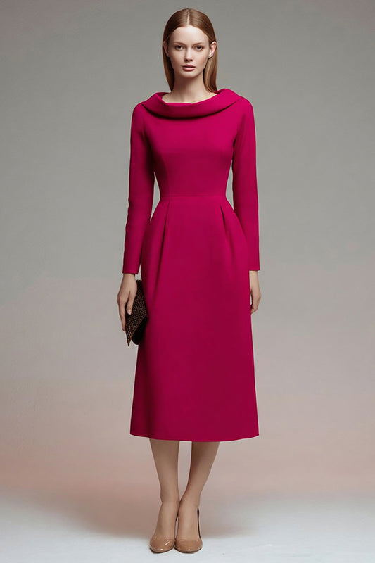 Fuchsia Roll Collar Neck A Line Long Sleeves Midi Work Dress