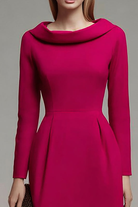 Fuchsia Roll Collar Neck A Line Long Sleeves Midi Work Dress