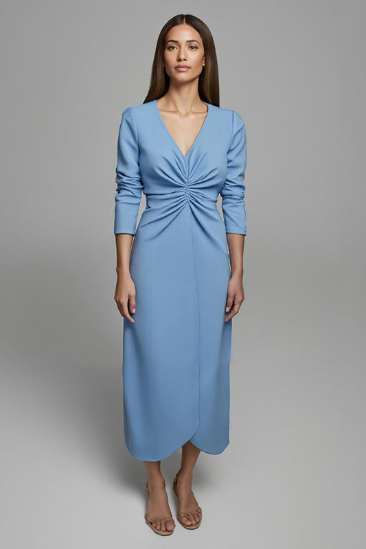 Sky Blue Ruched Pencil V-Neck Long Work Dress with Sleeves